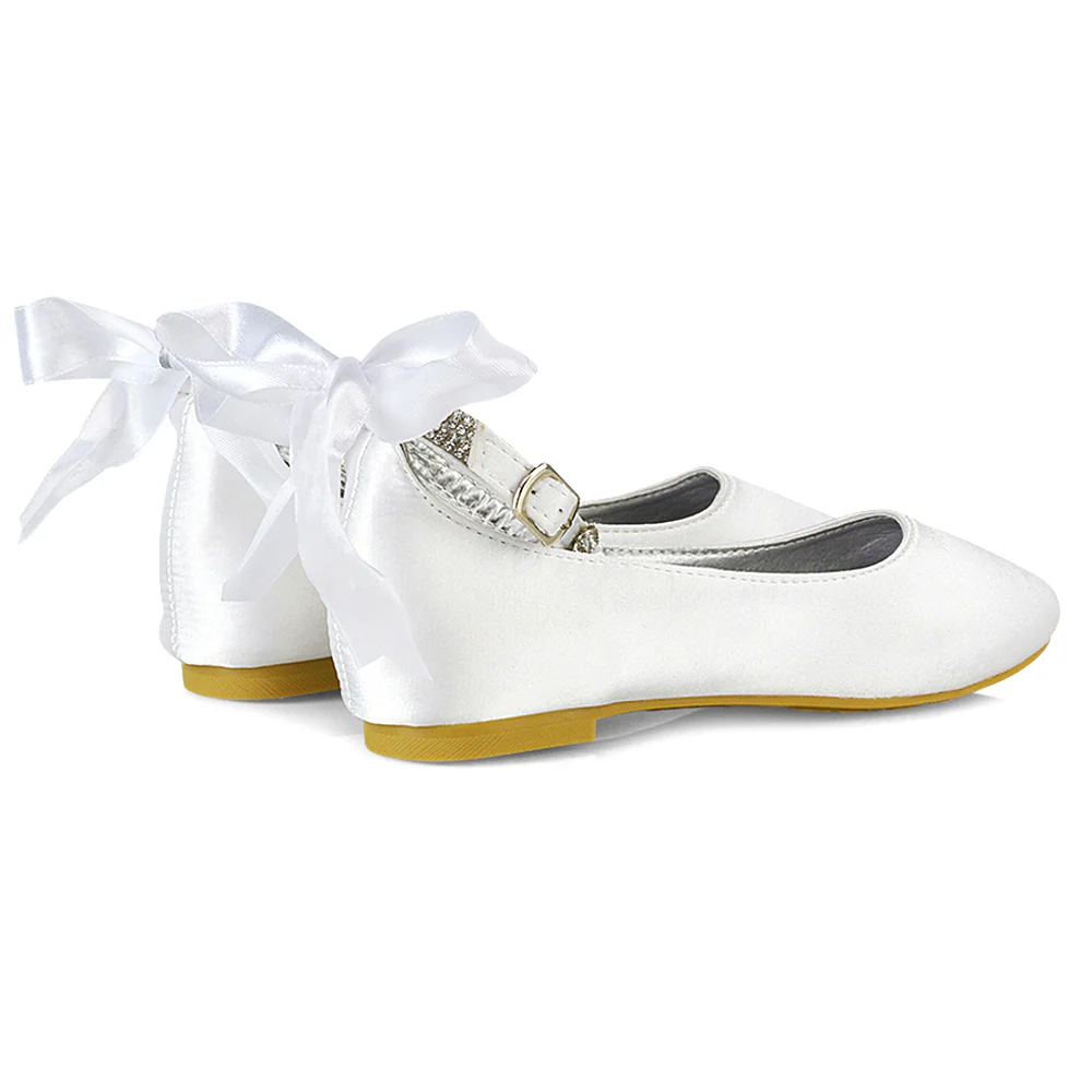 Fifi Bow Detail Embellished Sparkly Ankle Strap Diamante Flat Ballerina Pumps In White Satin - Image 8