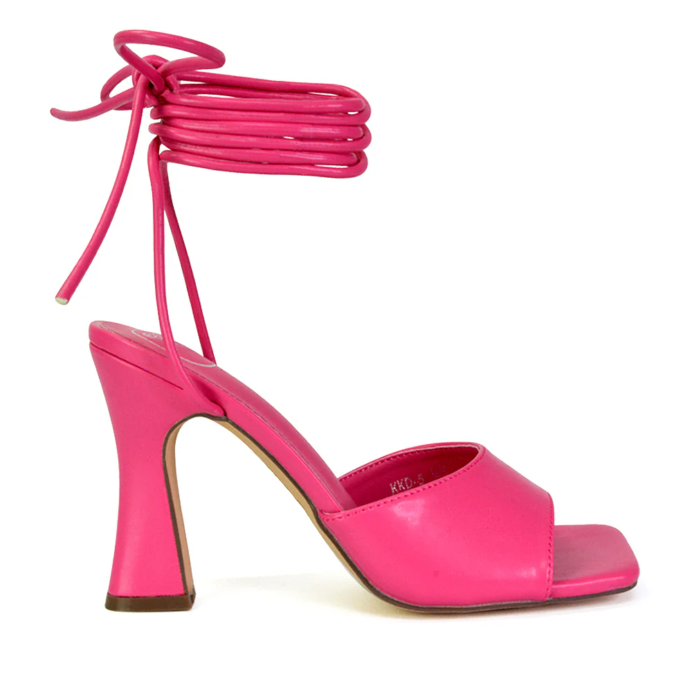 Flora Strappy Lace Up Block High Heels With a Square Toe in Black - Image 9