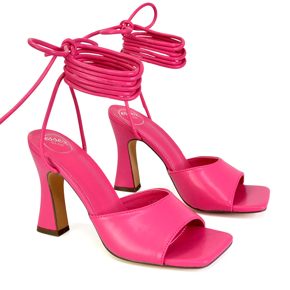 Flora Strappy Lace Up Block High Heels With a Square Toe in Blue - Image 11