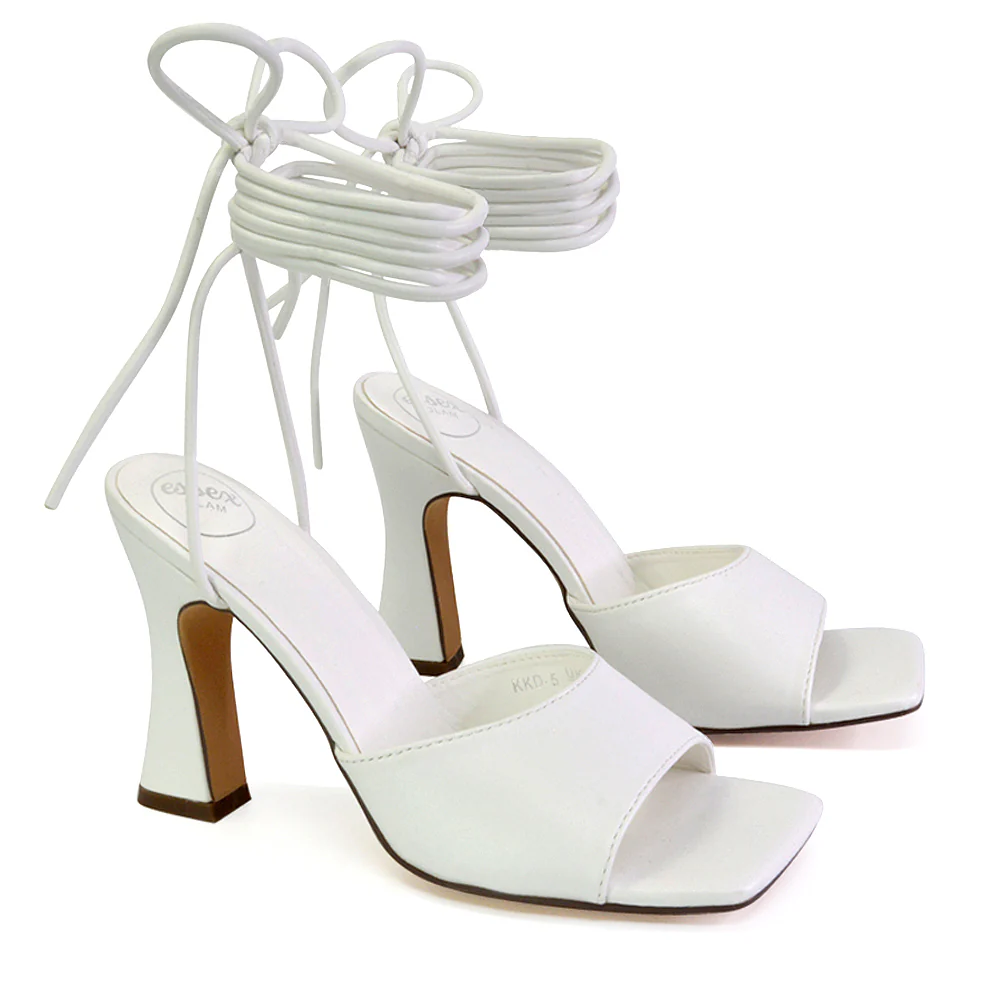 Flora Strappy Lace Up Block High Heels With a Square Toe in Blue - Image 23
