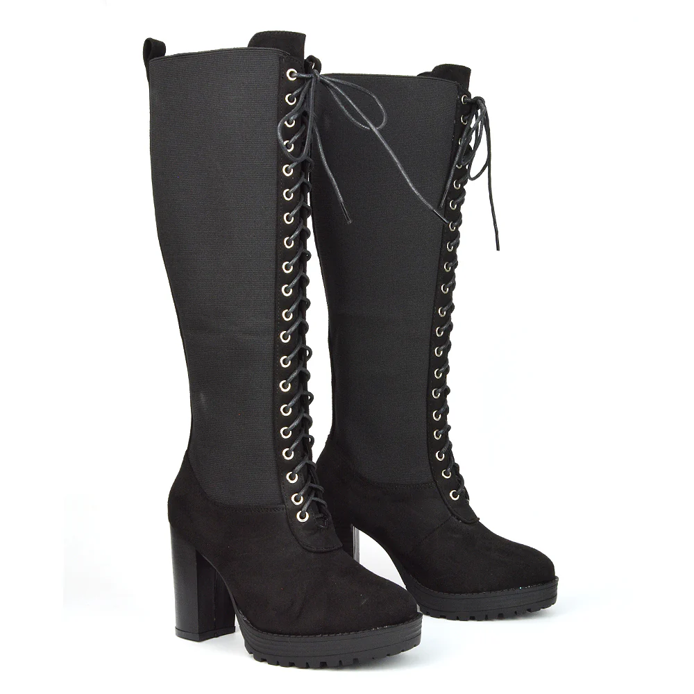 Flossie Lace Up Knee Boots Block Heel Biker Elasticated Calf In Black Faux Suede - Image 11