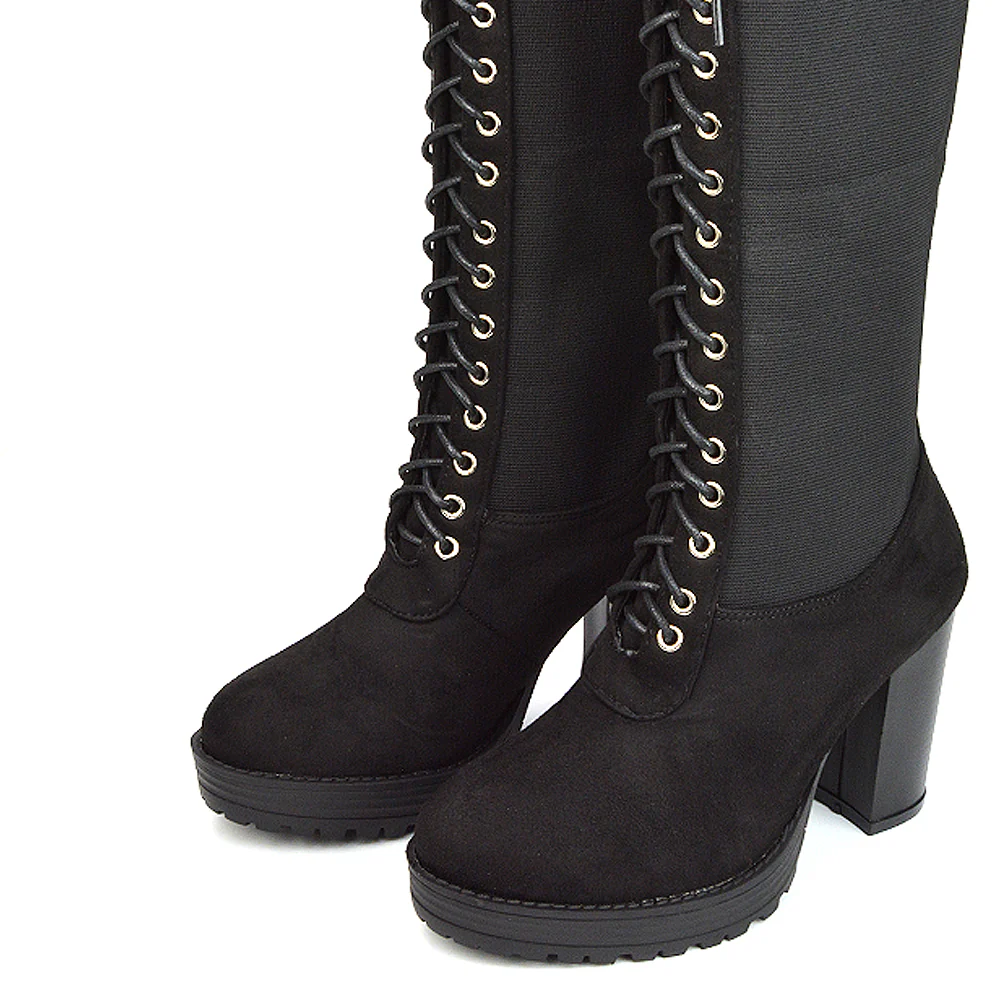 Flossie Lace Up Knee Boots Block Heel Biker Elasticated Calf In Black Faux Suede - Image 24