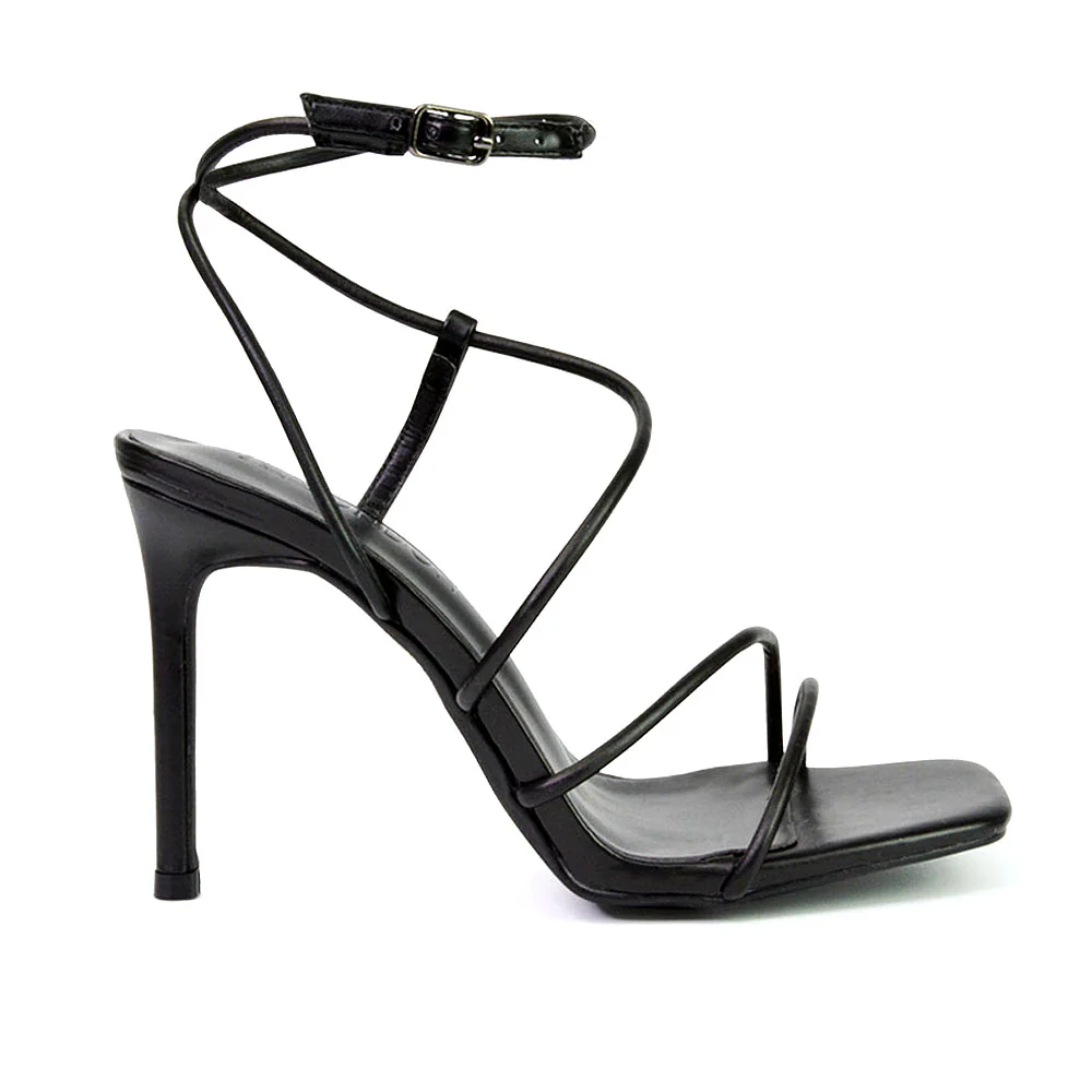 Flynn Strappy Buckle Up Square Toe Shoes With Stiletto High Heels in Gold - Image 111