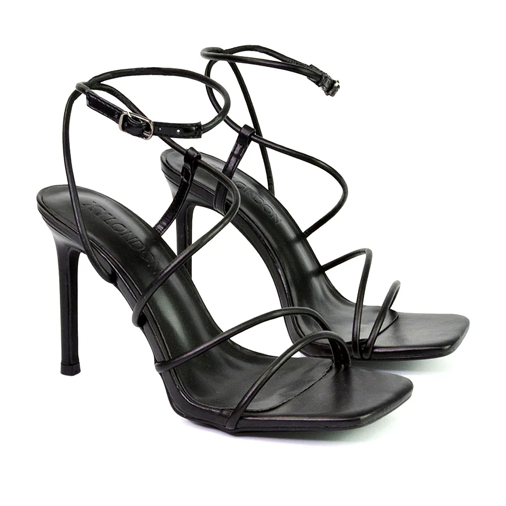 Flynn Strappy Buckle Up Square Toe Shoes With Stiletto High Heels in Orange - Image 105
