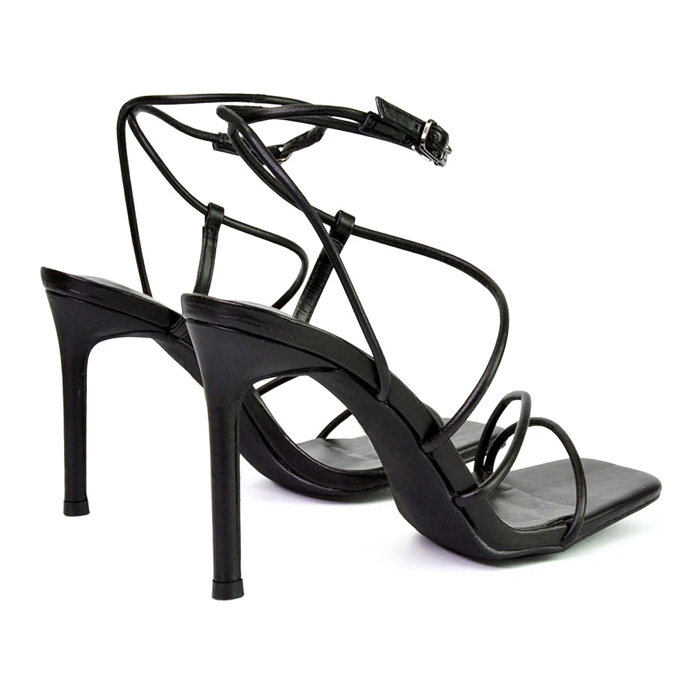 Flynn Strappy Buckle Up Square Toe Shoes With Stiletto High Heels in Orange - Image 110
