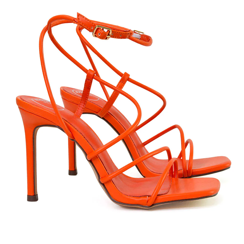 Flynn Strappy Buckle Up Square Toe Shoes With Stiletto High Heels in Orange - Image 56