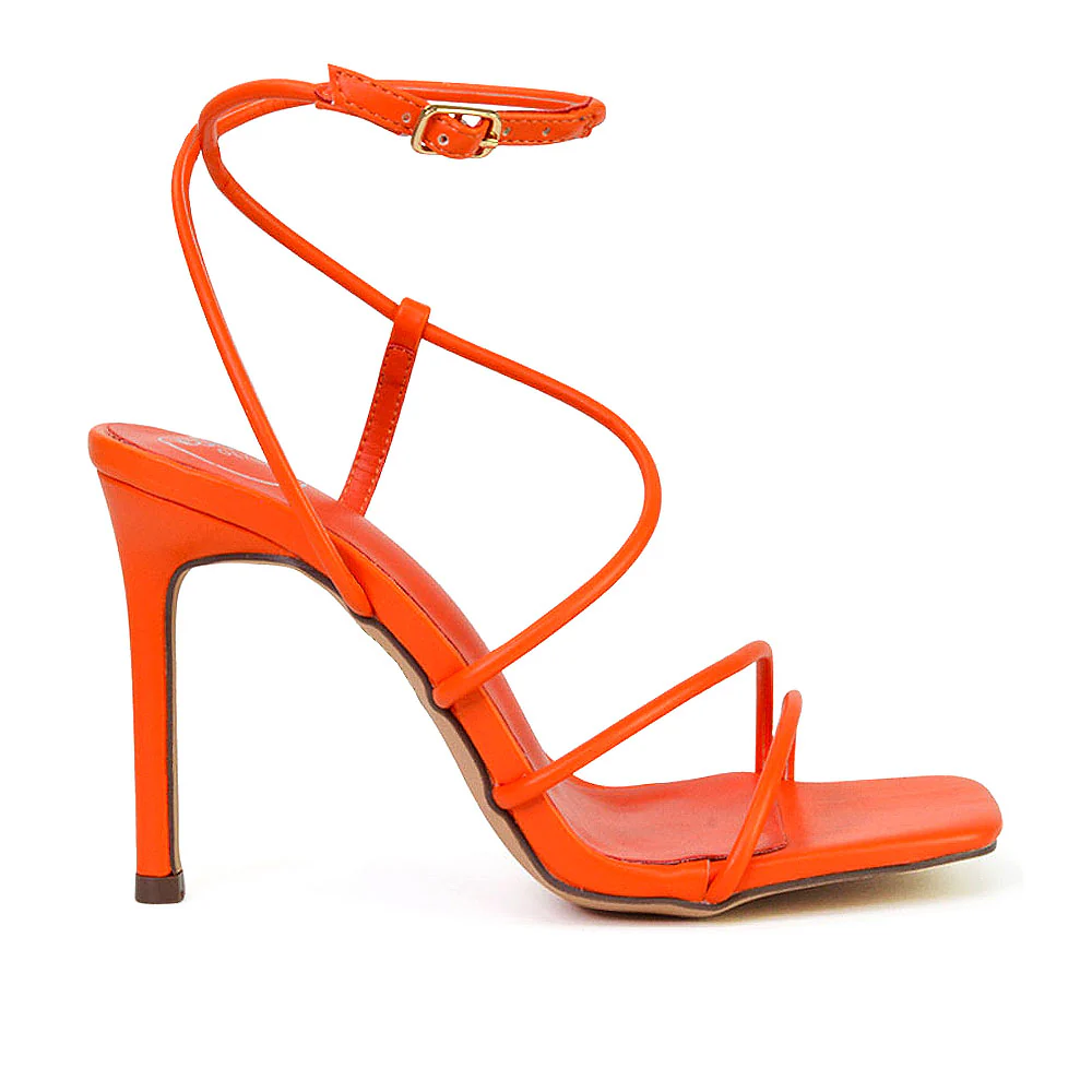 Flynn Strappy Buckle Up Square Toe Shoes With Stiletto High Heels in Orange - Image 59