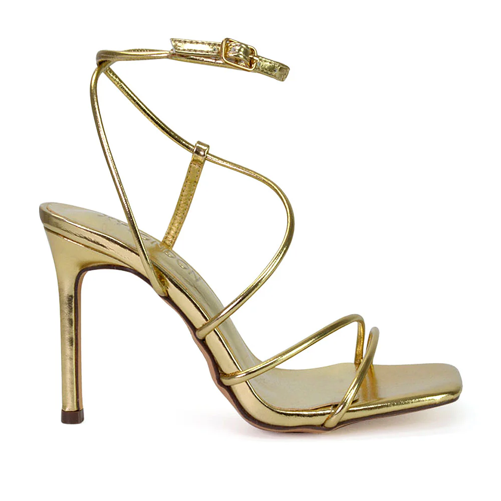 Flynn Strappy Buckle Up Square Toe Shoes With Stiletto High Heels in Orange - Image 79