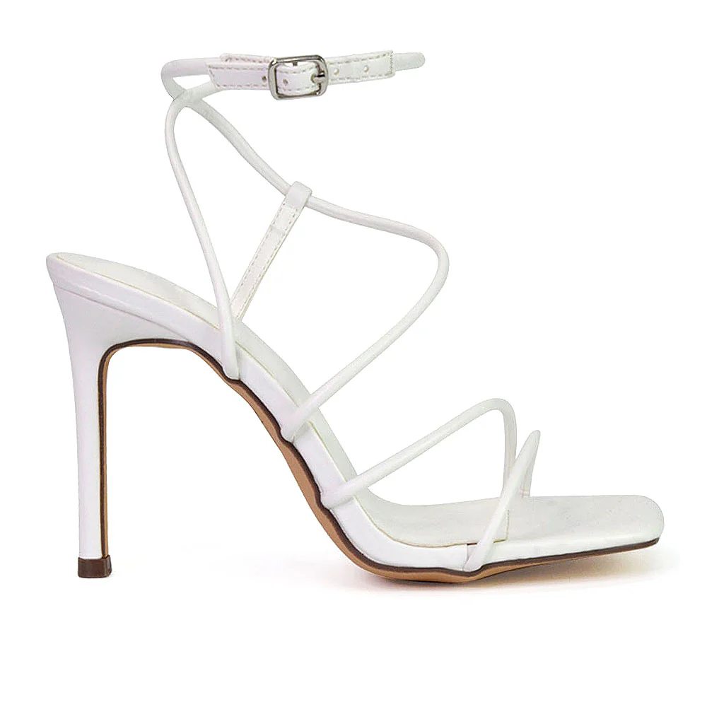 Flynn Strappy Buckle Up Square Toe Shoes With Stiletto High Heels in White - Image 51