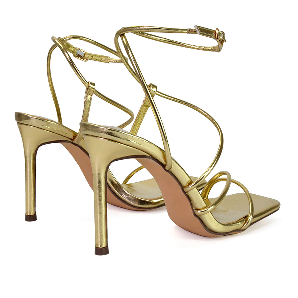 Flynn Strappy Buckle Up Square Toe Shoes With Stiletto High Heels in White - Image 78