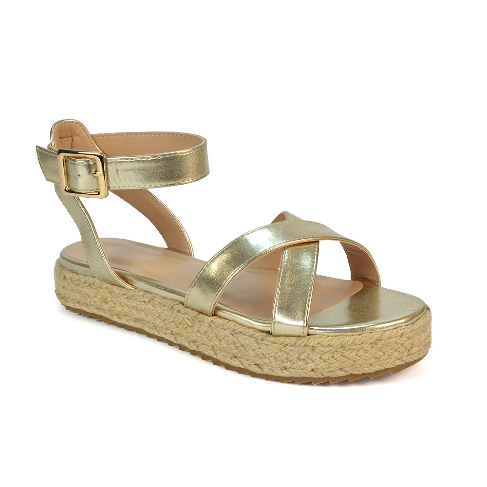 Fran Flatform Strappy Espadrille Flat Summer Sandals In Gold Metallic - Image 5