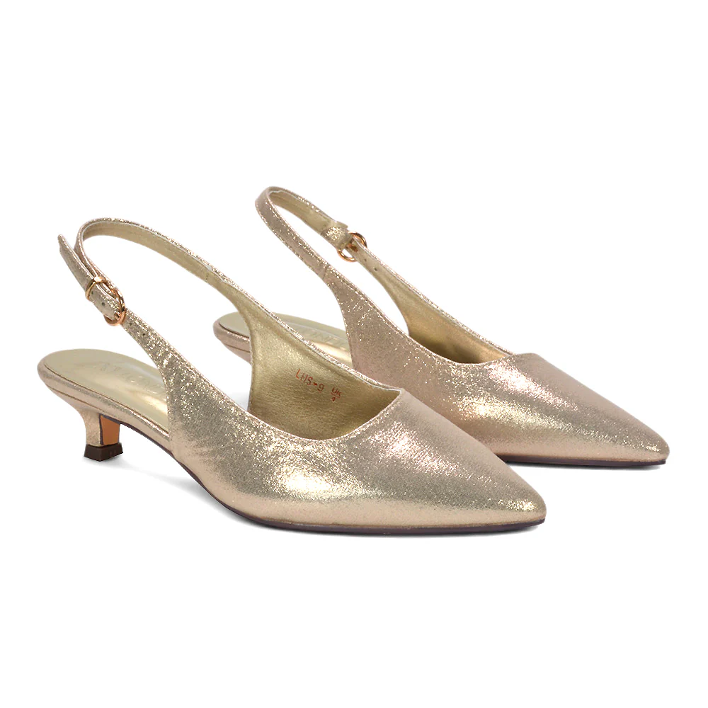 Frances Slingback Kitten Heel Pointed Toe Court Shoes in Gold Shimmer - Image 4