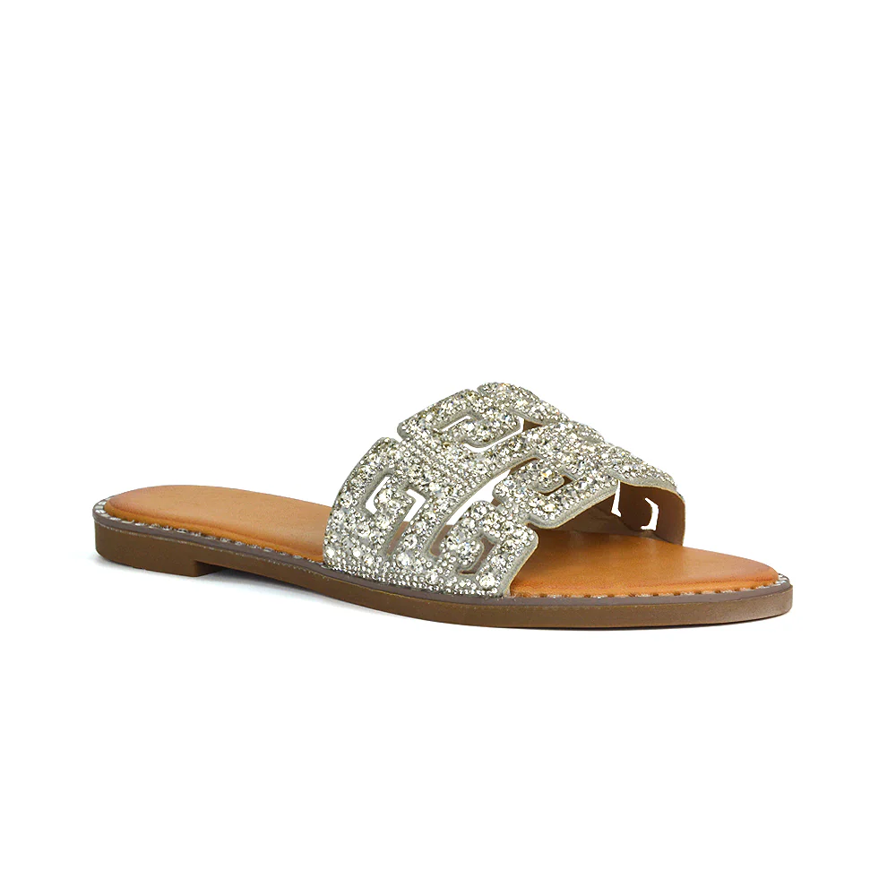 Freya Cut Out Embellished Diamante Flat Summer Sandals Slip On Slides In Gold - Image 11