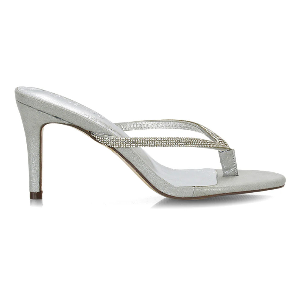 Freya Diamante Strappy Toe Post Stiletto Flip Flop Mule Heels in Silver - Image 2