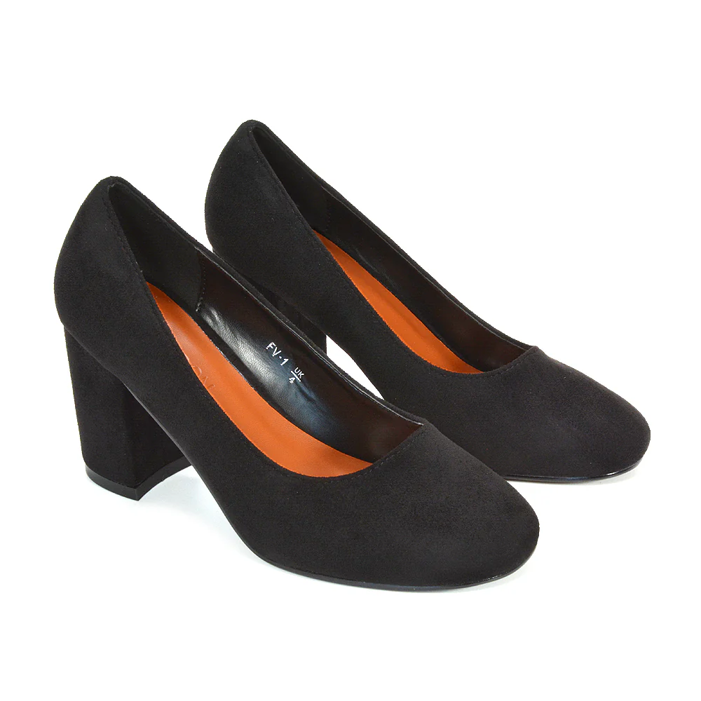 Gabby Round Toe Slip On Court Shoes Block High Heel in Black Faux Suede - Image 6