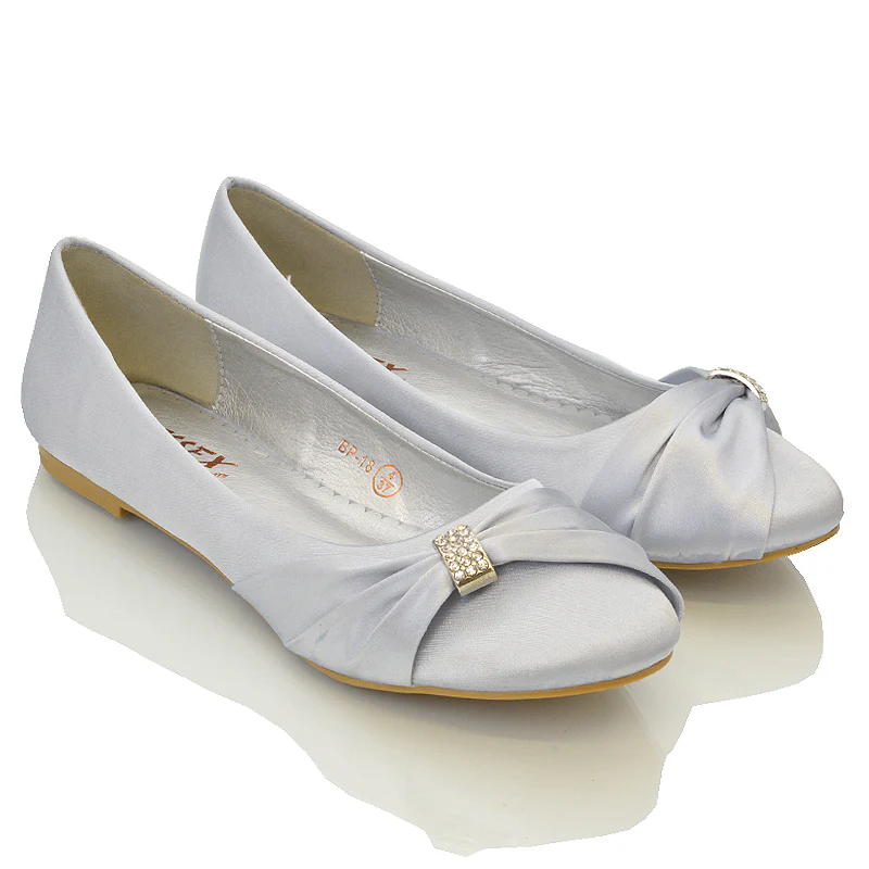 GABRIELA FLAT RUCHED DIAMANTE SPARKLY BROOCH CLASSIC WEDDING BRIDAL BALLERINA PUMPS IN SILVER SATIN - Image 12