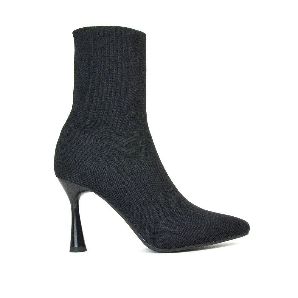Gaby Pointed Toe Sock Ankle Boot Stiletto Heels in Taupe - Image 12