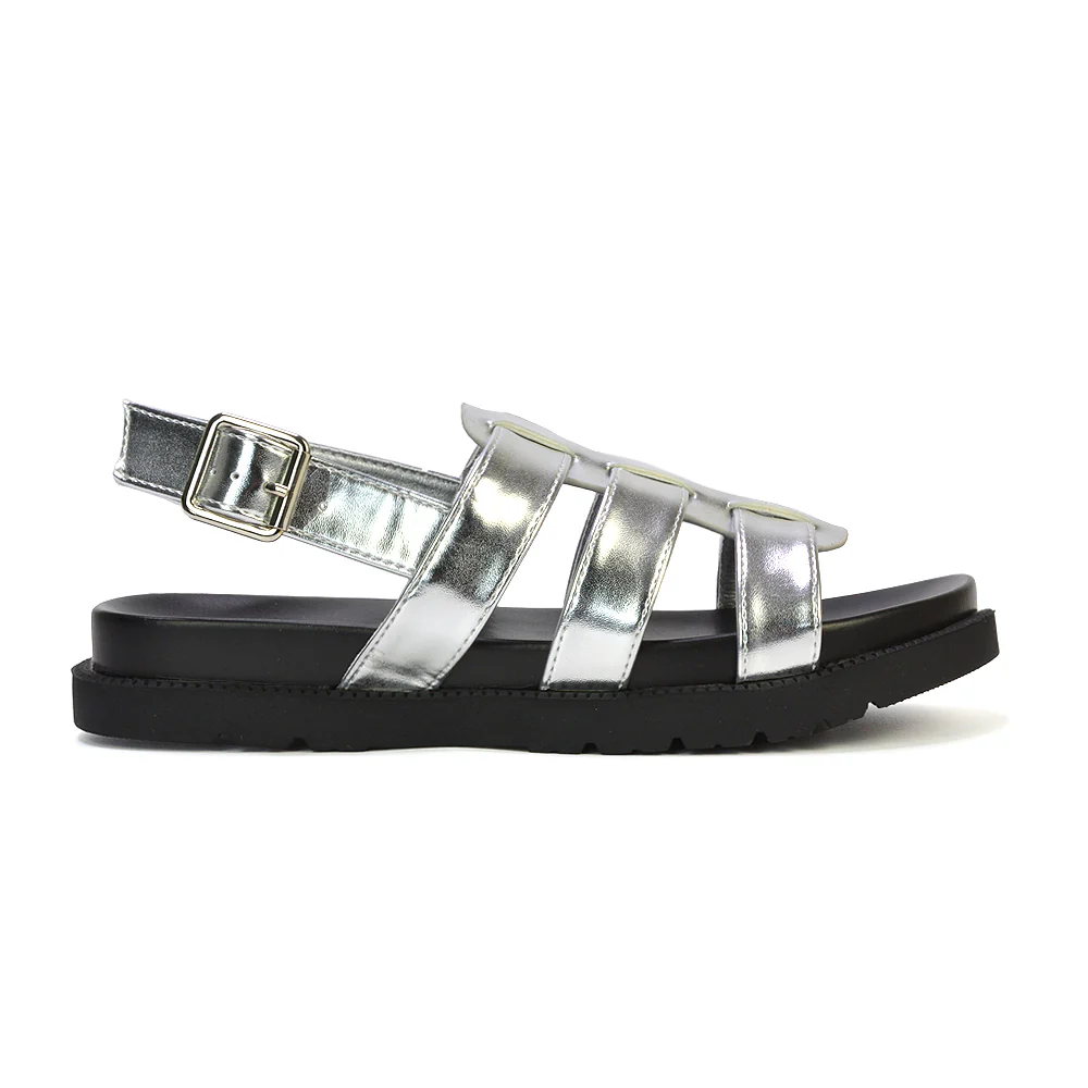 Gayna Womens Strappy Slingback Flatform Chunky Summer Sandals in Silver - Image 38