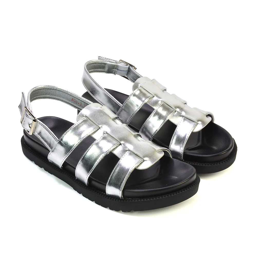 Gayna Womens Strappy Slingback Flatform Chunky Summer Sandals in Silver - Image 44