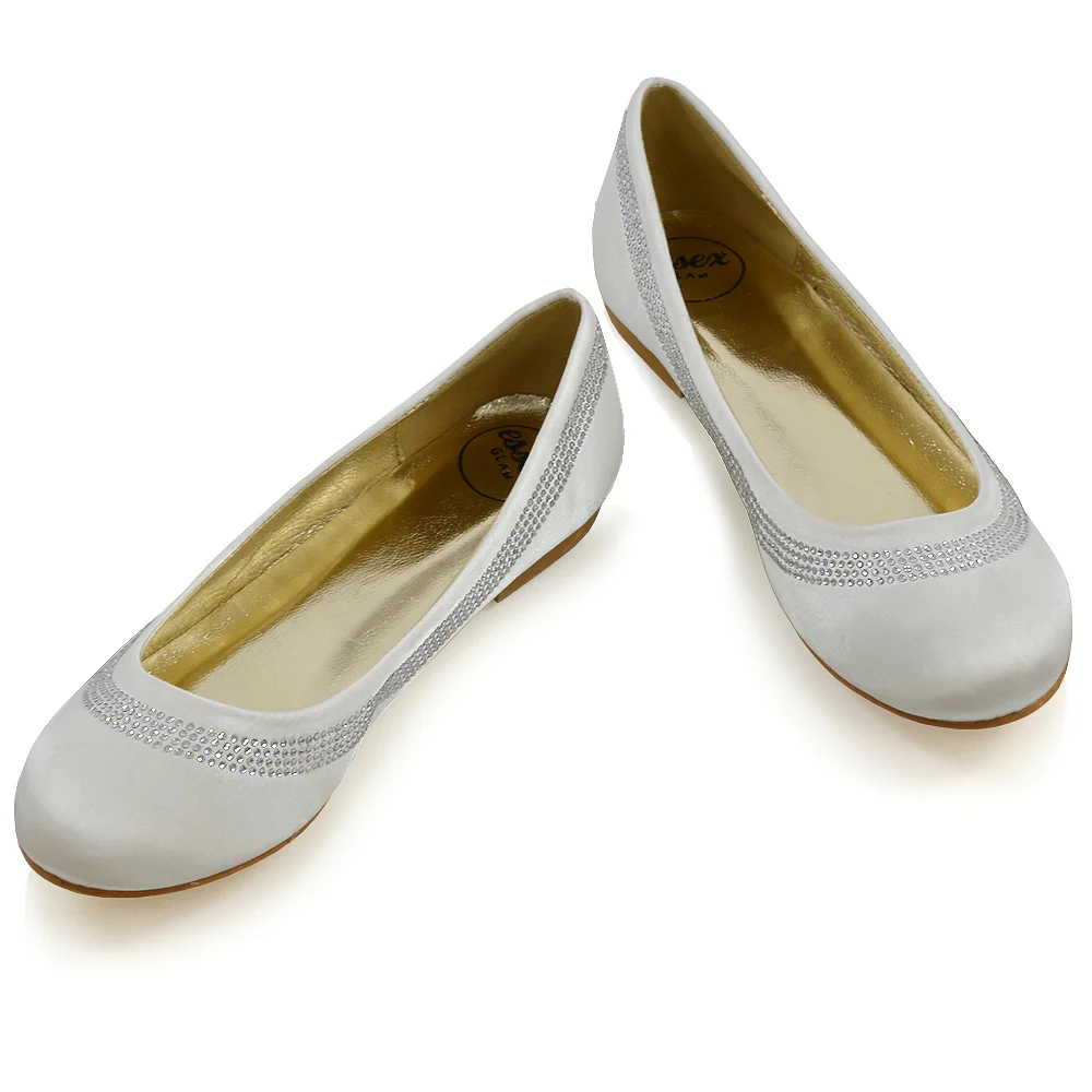 GEORGIE POINTED TOE SLIP ON FLAT DIAMANTE BALLET BALLERINA PUMP SHOES IN IVORY SATIN - Image 4