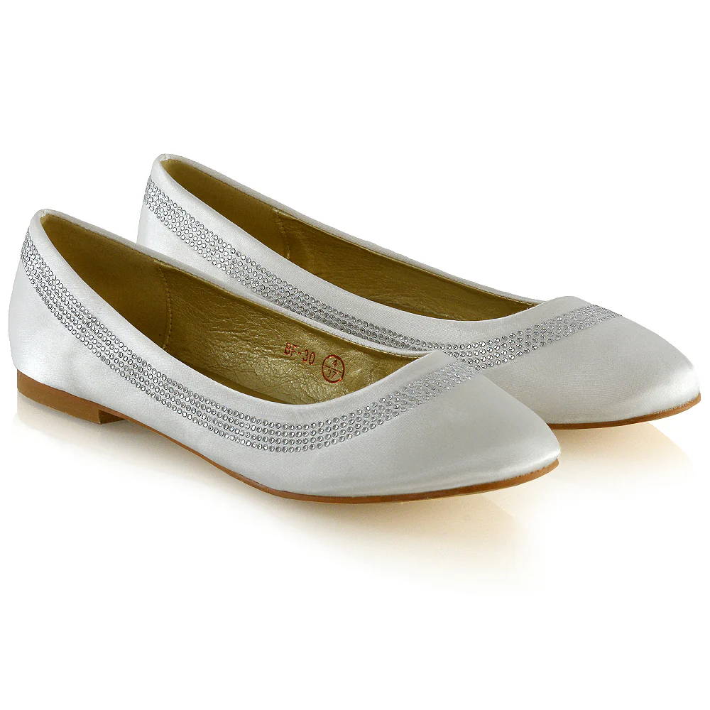 GEORGIE POINTED TOE SLIP ON FLAT DIAMANTE BALLET BALLERINA PUMP SHOES IN IVORY SATIN - Image 8
