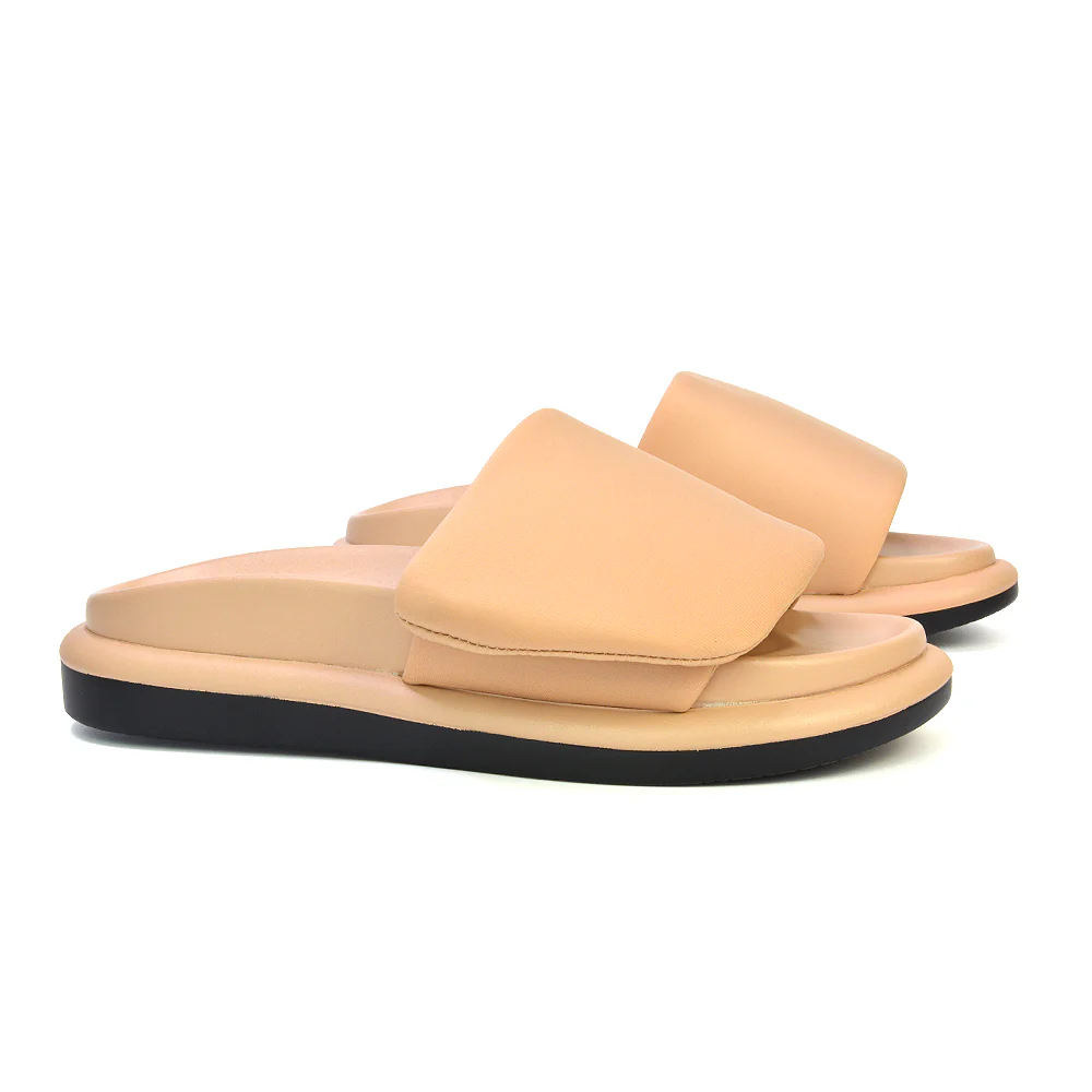 Geri Slip On Adjustable Strap Flatform Slider Flat Sandals in Nude - Image 36
