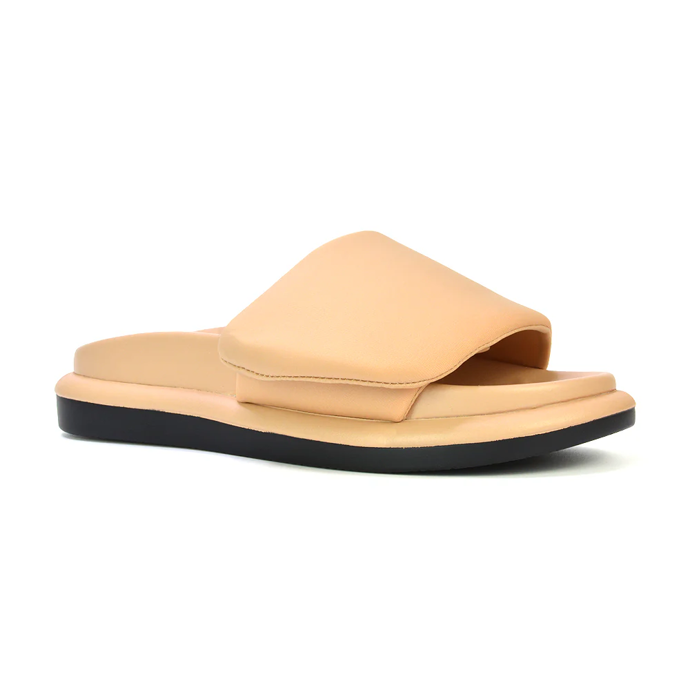 Geri Slip On Adjustable Strap Flatform Slider Flat Sandals in Nude - Image 38