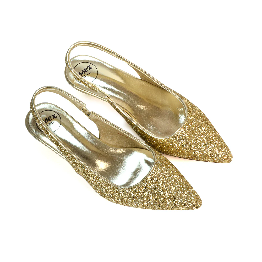 Gerri Pointed Toe Glitter Slingback Kitten Heel Court Shoes in Gold Glitter - Image 3
