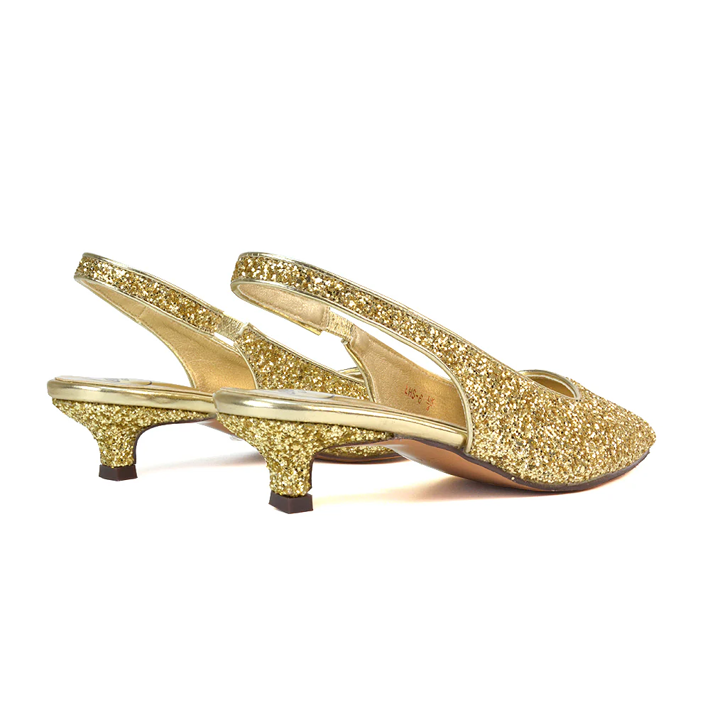 Gerri Pointed Toe Glitter Slingback Kitten Heel Court Shoes in Gold Glitter - Image 4
