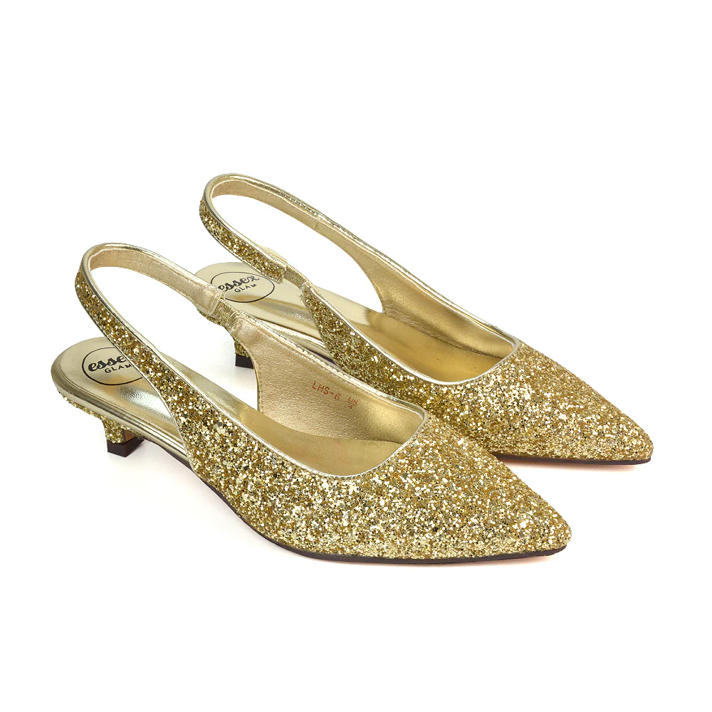Gerri Pointed Toe Glitter Slingback Kitten Heel Court Shoes in Gold Glitter - Image 5