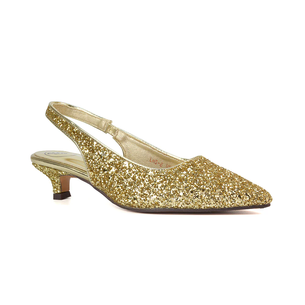 Gerri Pointed Toe Glitter Slingback Kitten Heel Court Shoes in Gold Glitter - Image 6