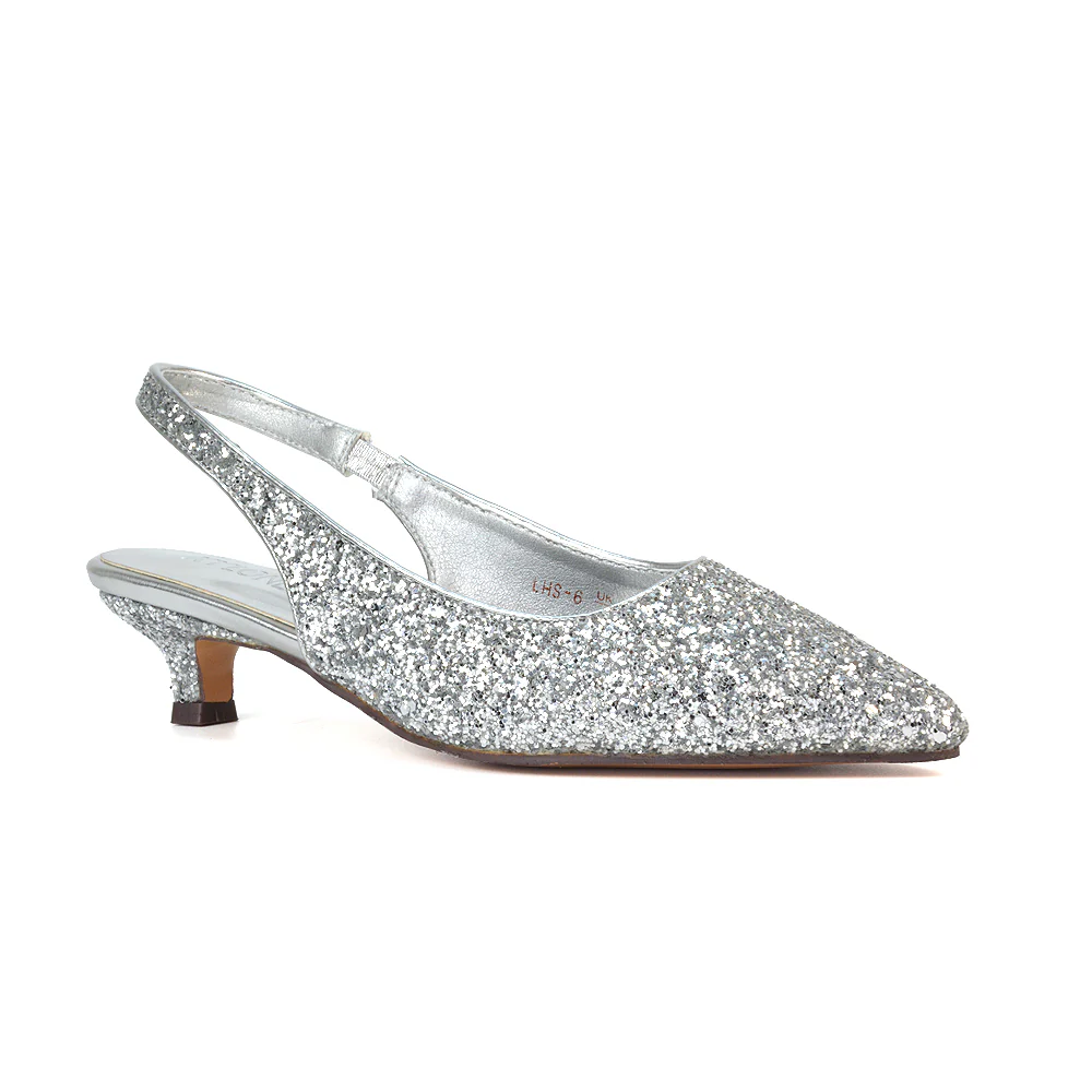 Gerri Pointed Toe Glitter Slingback Kitten Heel Court Shoes in Silver Glitter - Image 3