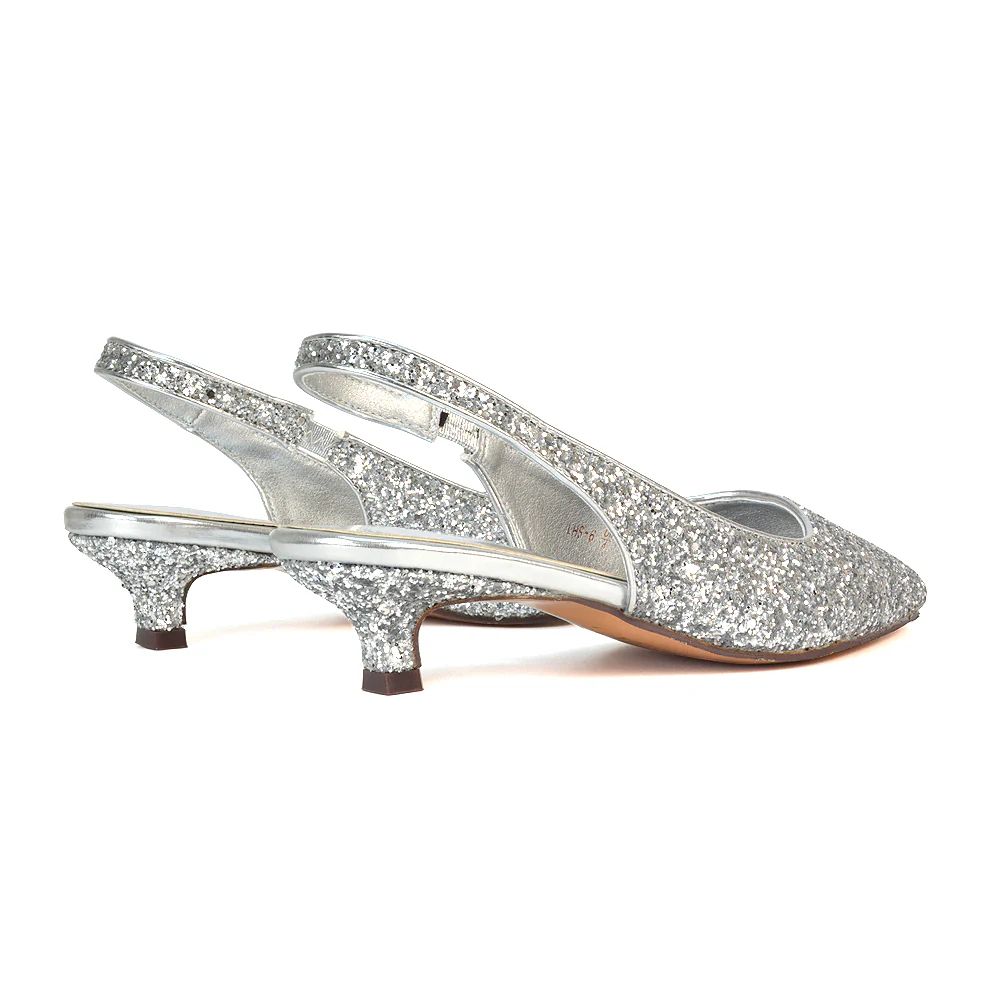 Gerri Pointed Toe Glitter Slingback Kitten Heel Court Shoes in Silver Glitter - Image 5
