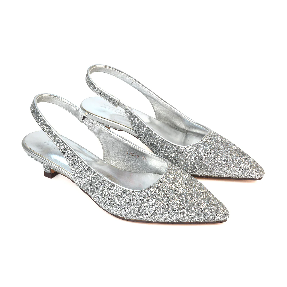 Gerri Pointed Toe Glitter Slingback Kitten Heel Court Shoes in Silver Glitter - Image 6