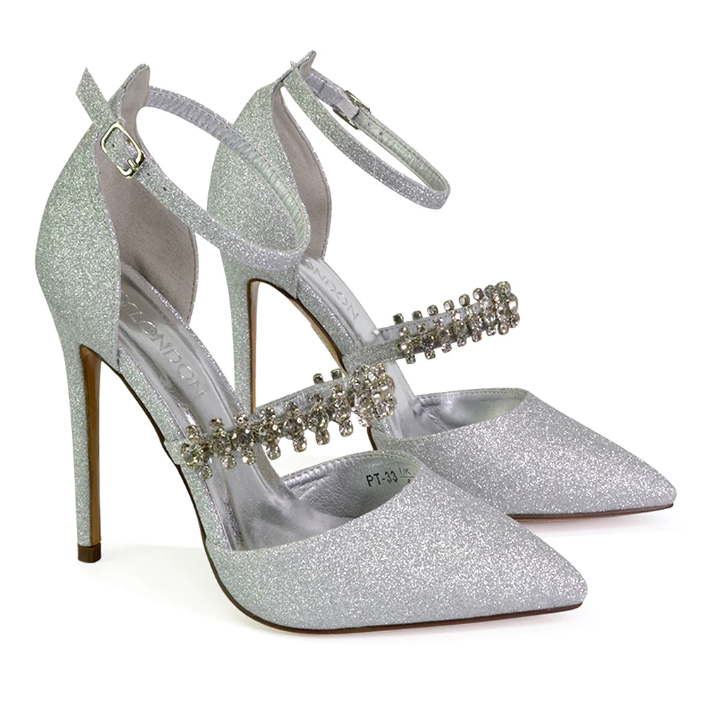 Giana Pointed Toe Strappy Stiletto High Heel Court Wedding Shoes in Silver Glitter - Image 91