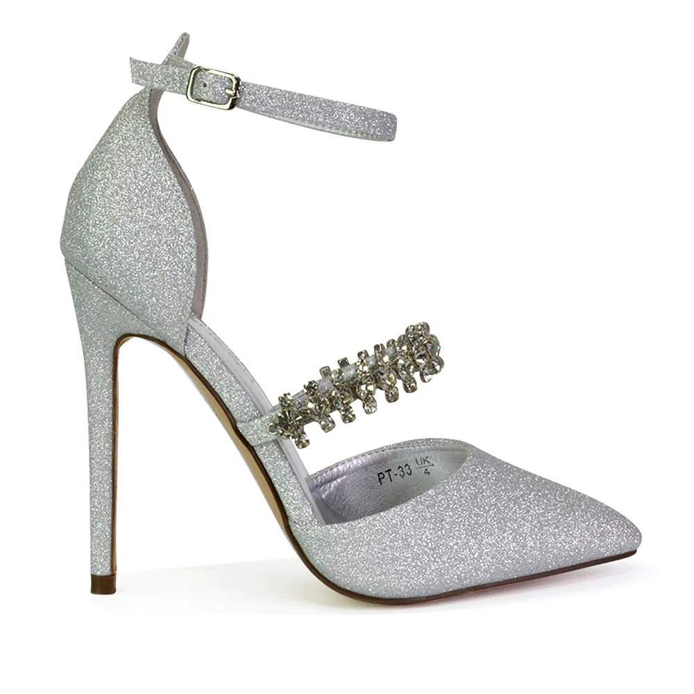 Giana Pointed Toe Strappy Stiletto High Heel Court Wedding Shoes in Silver Glitter - Image 93