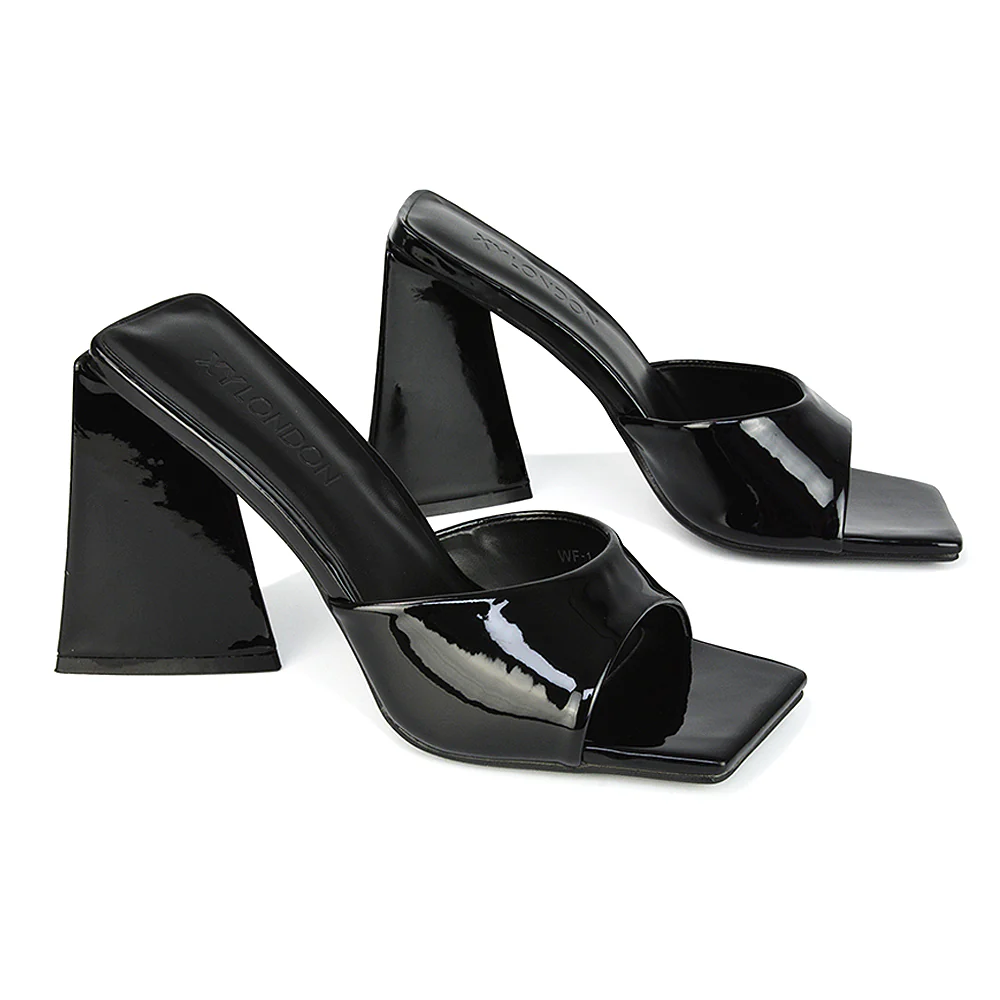 Gracia Square Peep Toe Sculptured Flared Block Heeled Mules in Green Patent - Image 122