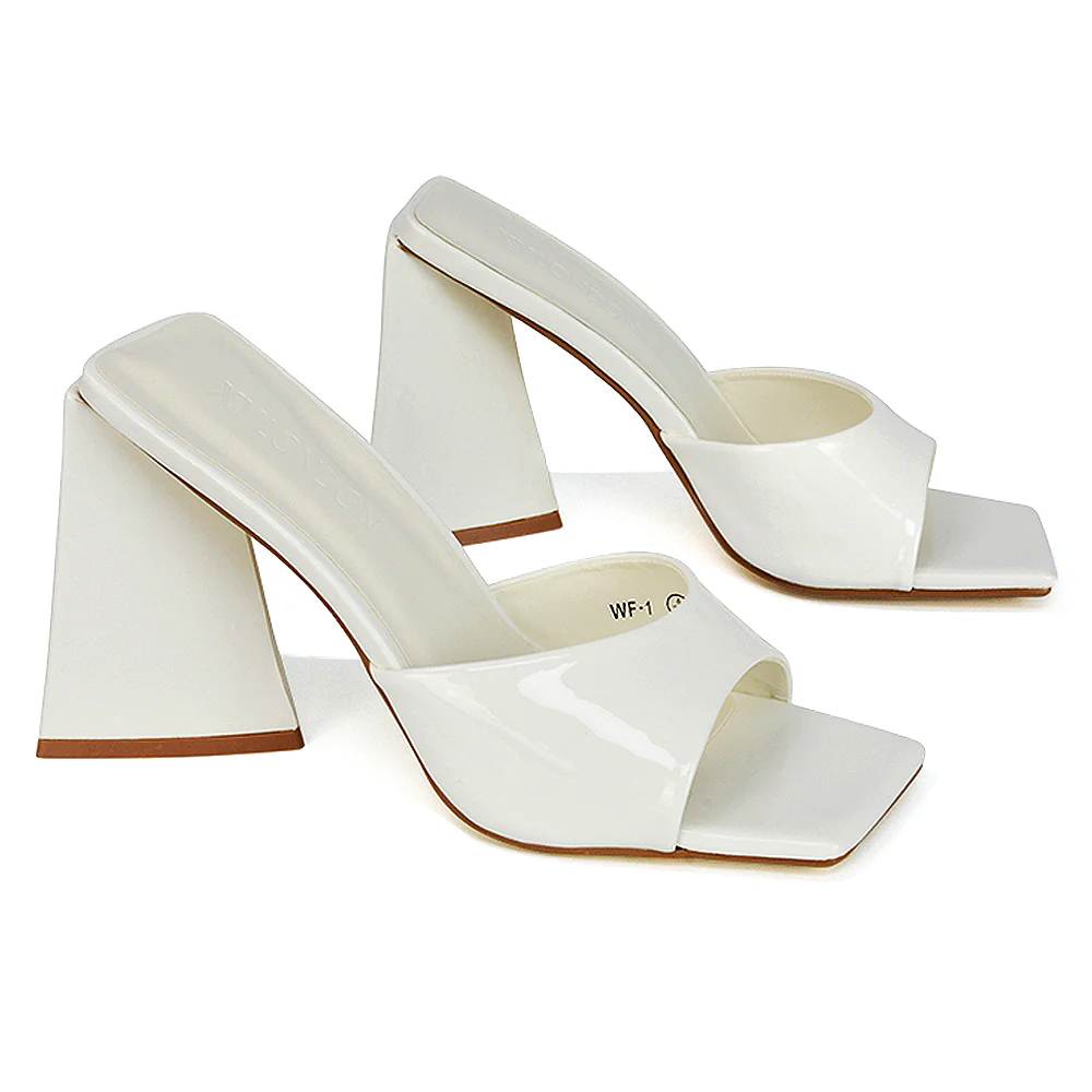 Gracia Square Peep Toe Sculptured Flared Block Heeled Mules in Green Patent - Image 47