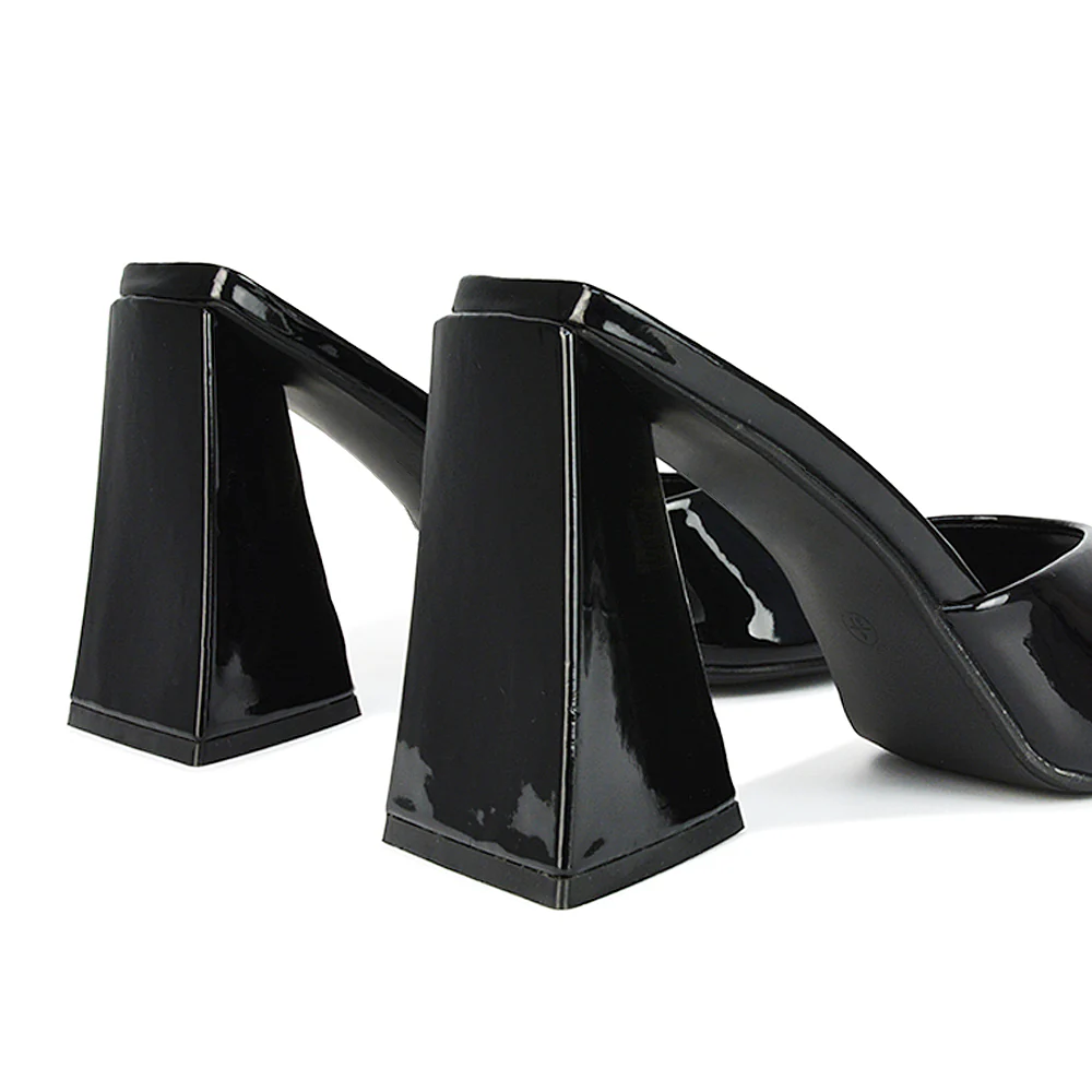 Gracia Square Peep Toe Sculptured Flared Block Heeled Mules in Green Patent - Image 98
