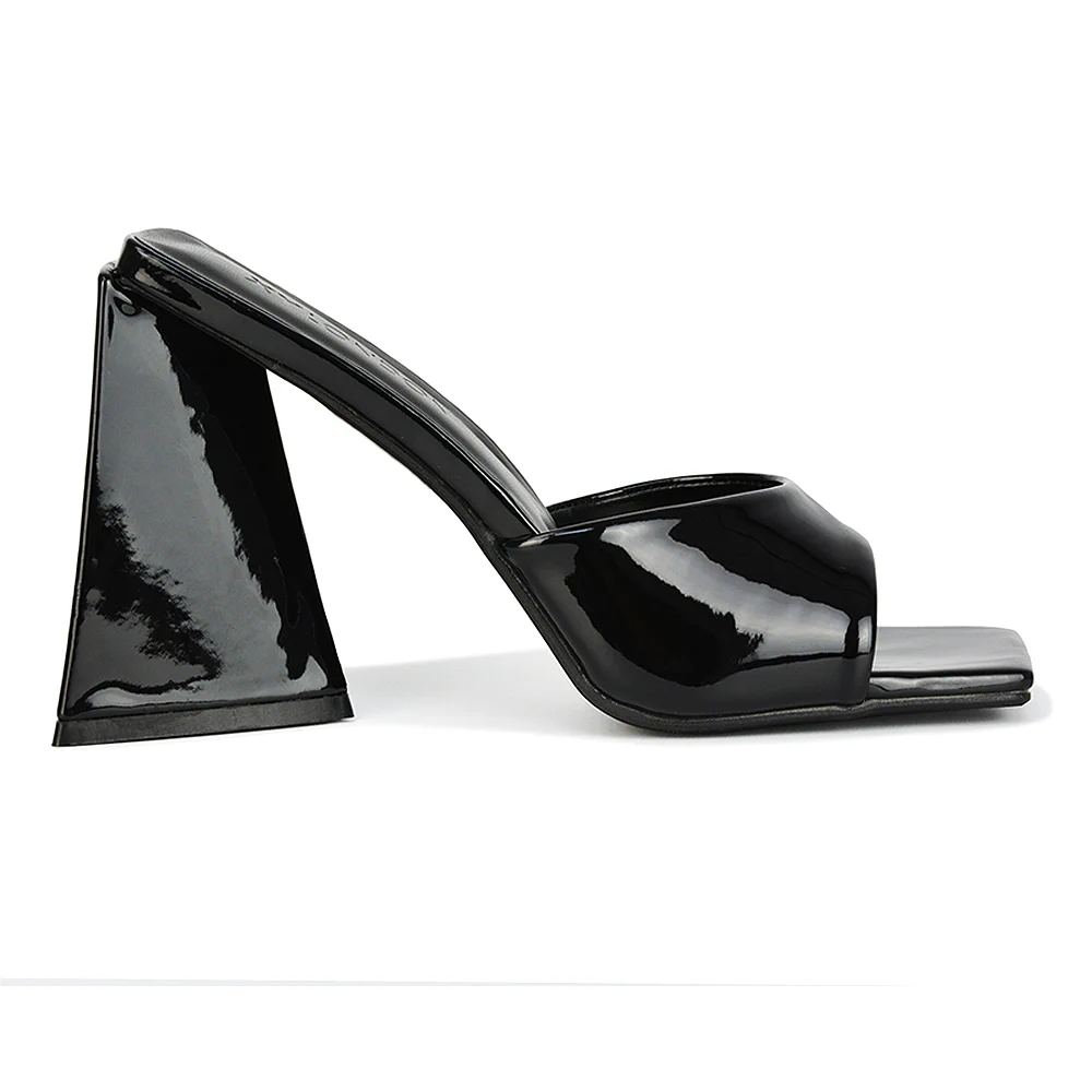 Gracia Square Peep Toe Sculptured Flared Block Heeled Mules in White Patent - Image 100