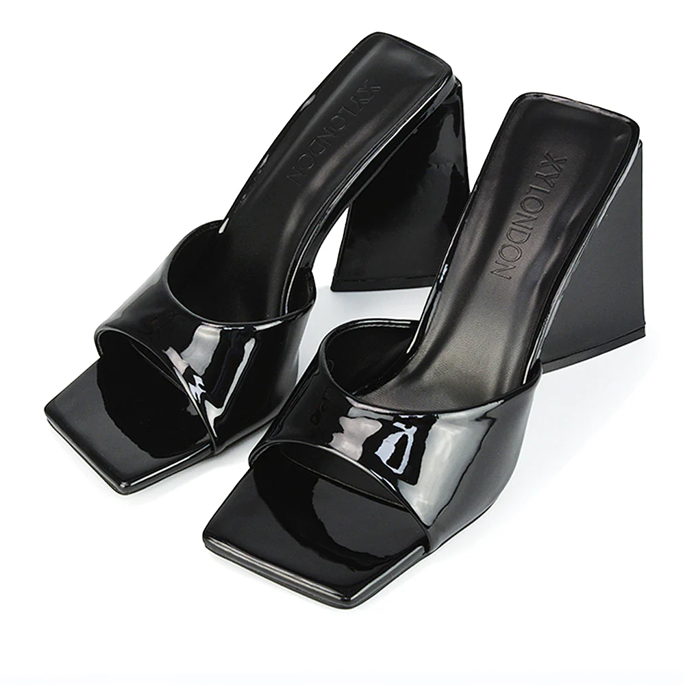 Gracia Square Peep Toe Sculptured Flared Block Heeled Mules in White Patent - Image 112