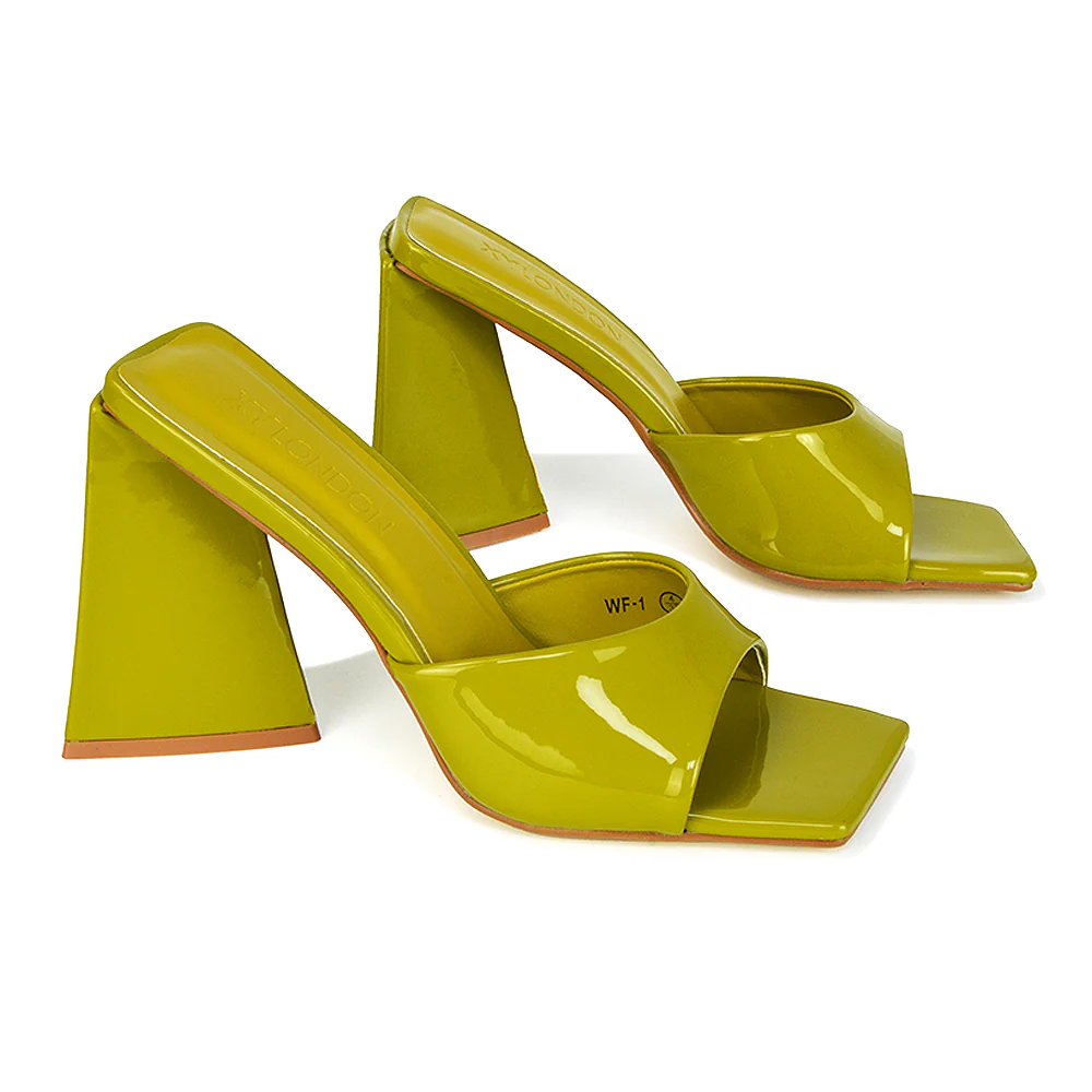 Gracia Square Peep Toe Sculptured Flared Block Heeled Mules in White Patent - Image 23