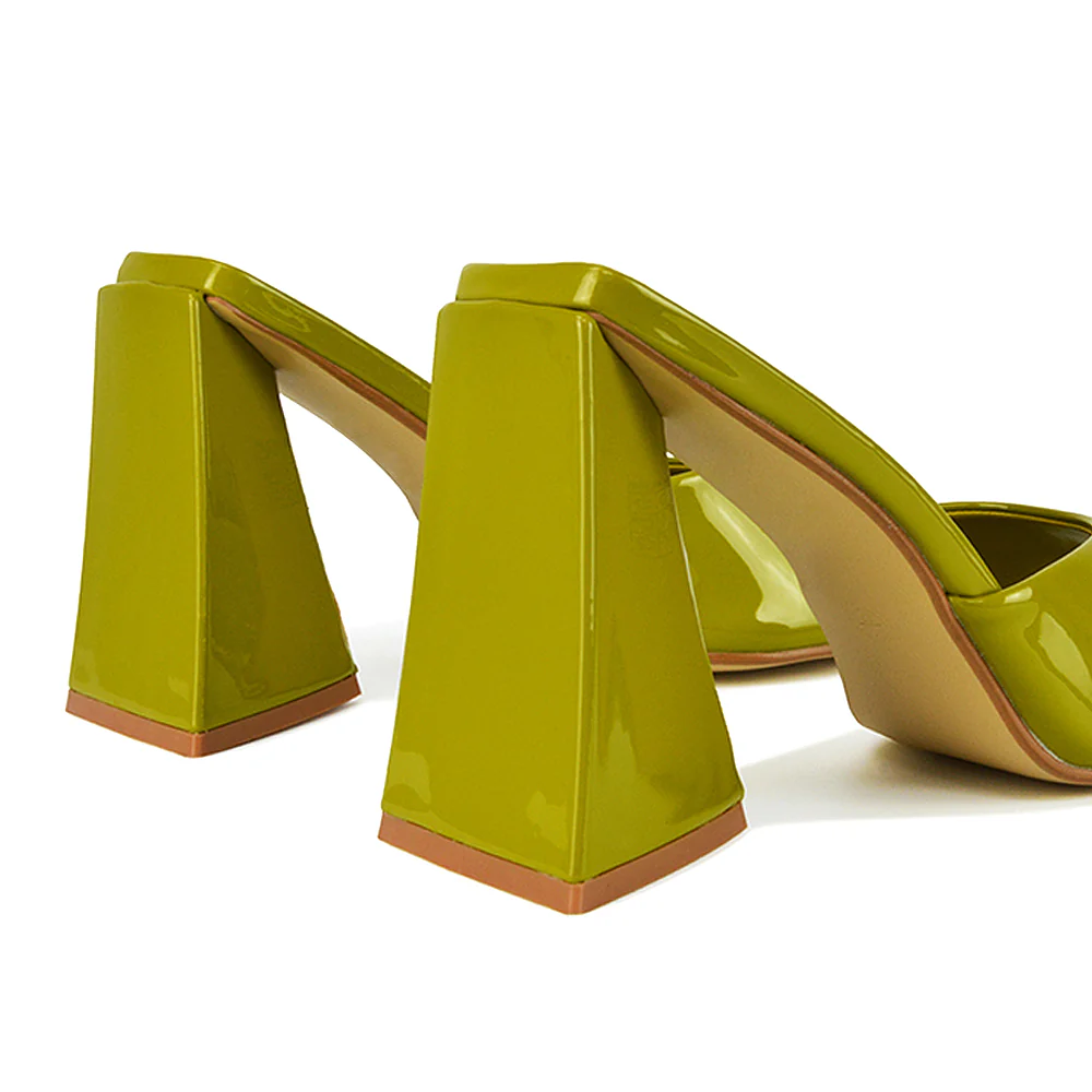 Gracia Square Peep Toe Sculptured Flared Block Heeled Mules in White Patent - Image 24
