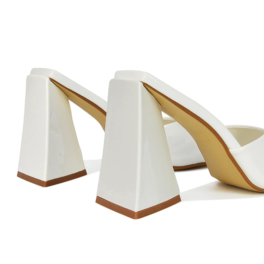Gracia Square Peep Toe Sculptured Flared Block Heeled Mules in White Patent - Image 39