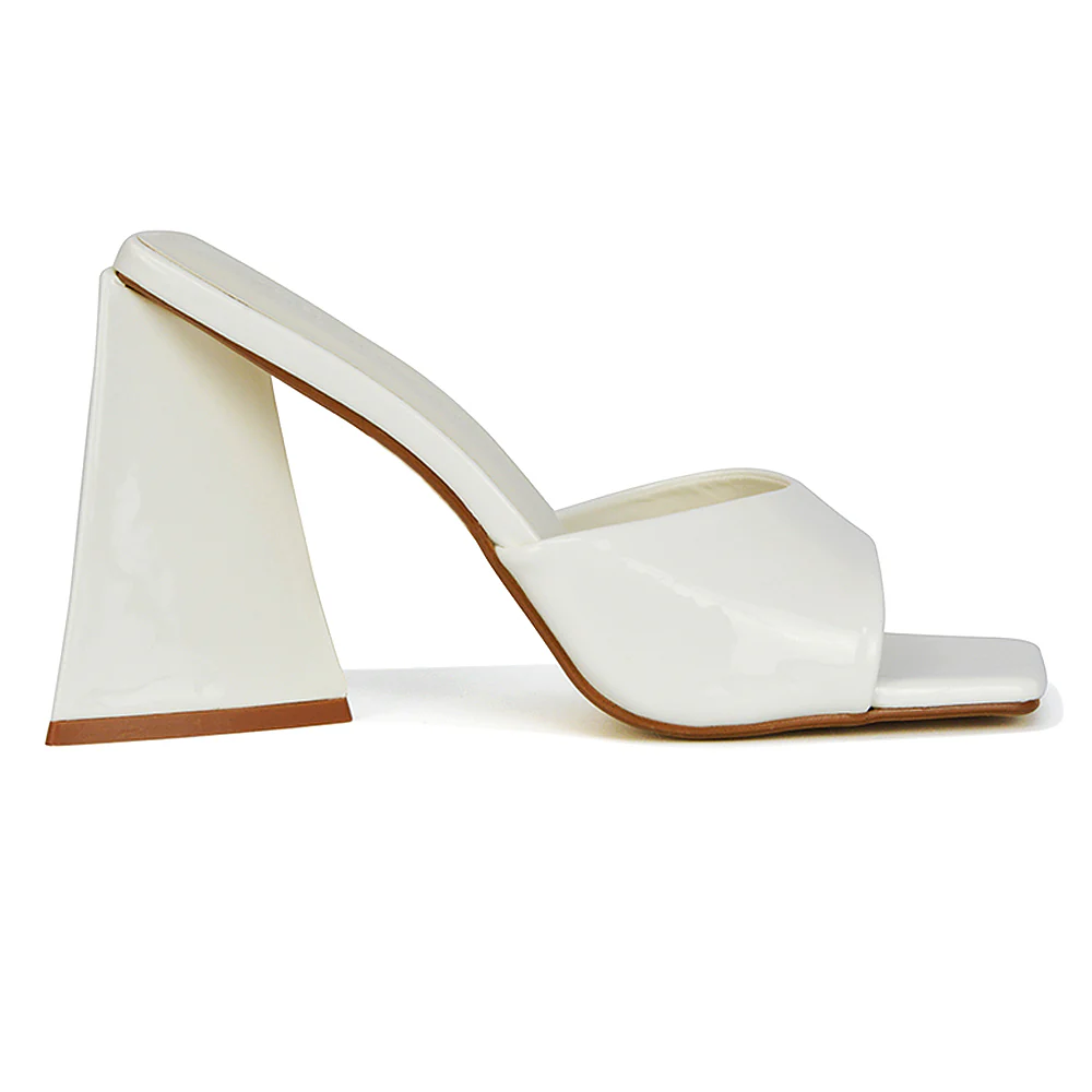 Gracia Square Peep Toe Sculptured Flared Block Heeled Mules in White Patent - Image 55