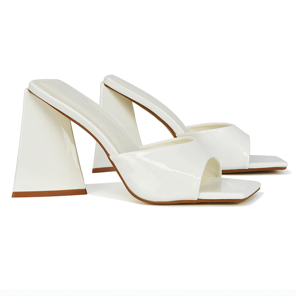 Gracia Square Peep Toe Sculptured Flared Block Heeled Mules in White Patent - Image 66