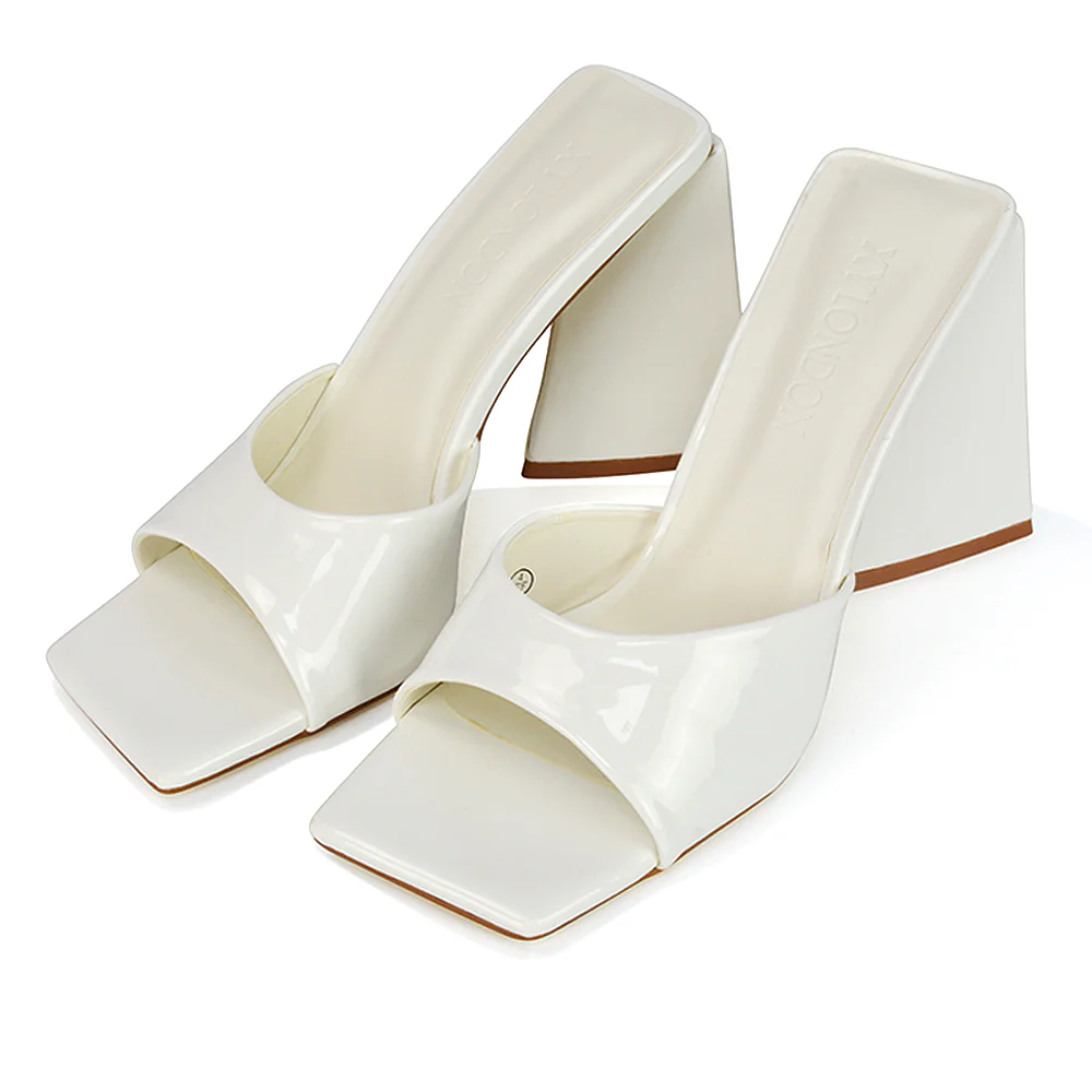 Gracia Square Peep Toe Sculptured Flared Block Heeled Mules in White Patent - Image 67