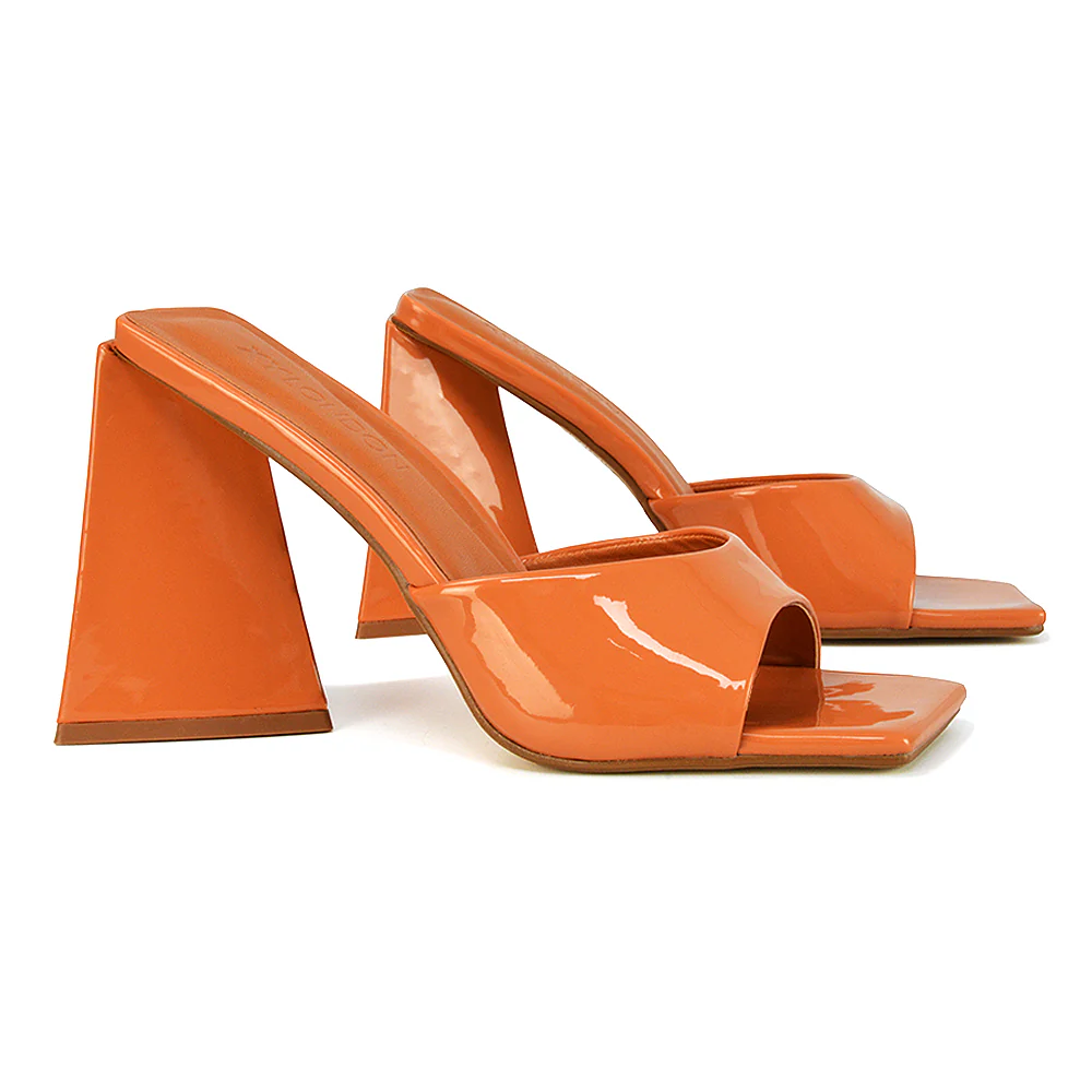 Gracia Square Peep Toe Sculptured Flared Block Heeled Mules in White Patent - Image 81