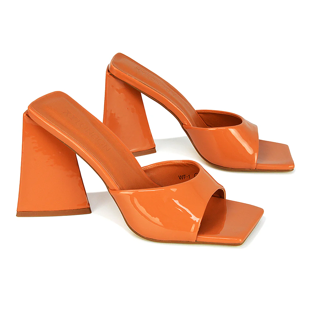 Gracia Square Peep Toe Sculptured Flared Block Heeled Mules in White Patent - Image 83