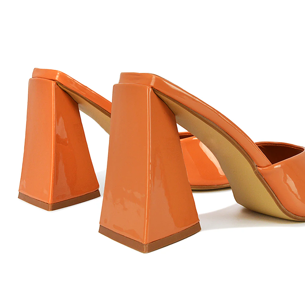 Gracia Square Peep Toe Sculptured Flared Block Heeled Mules in White Patent - Image 89